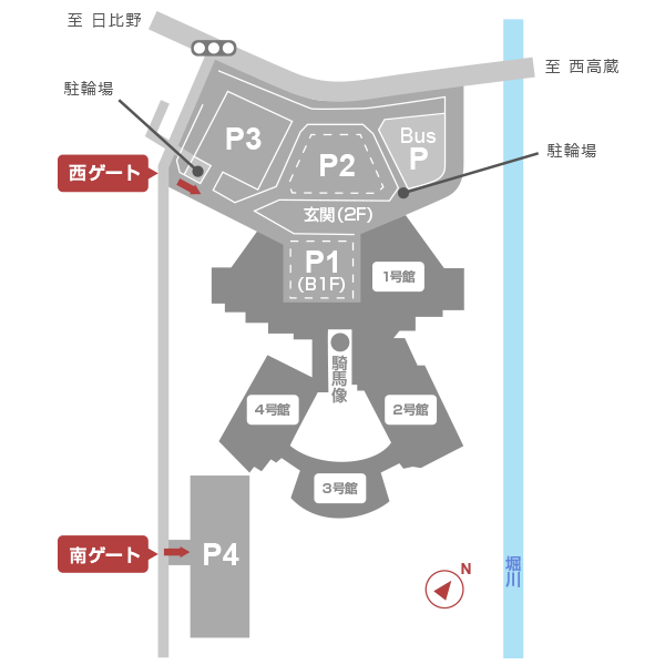 名古屋国際会議場内の駐車場・駐輪場は西ゲートを入るとP1からP3、南ゲートを入るとP4