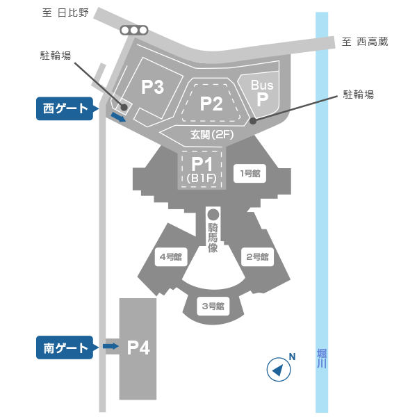 名古屋国際会議場内の駐車場・駐輪場は西ゲートを入るとP1からP3、南ゲートを入るとP4